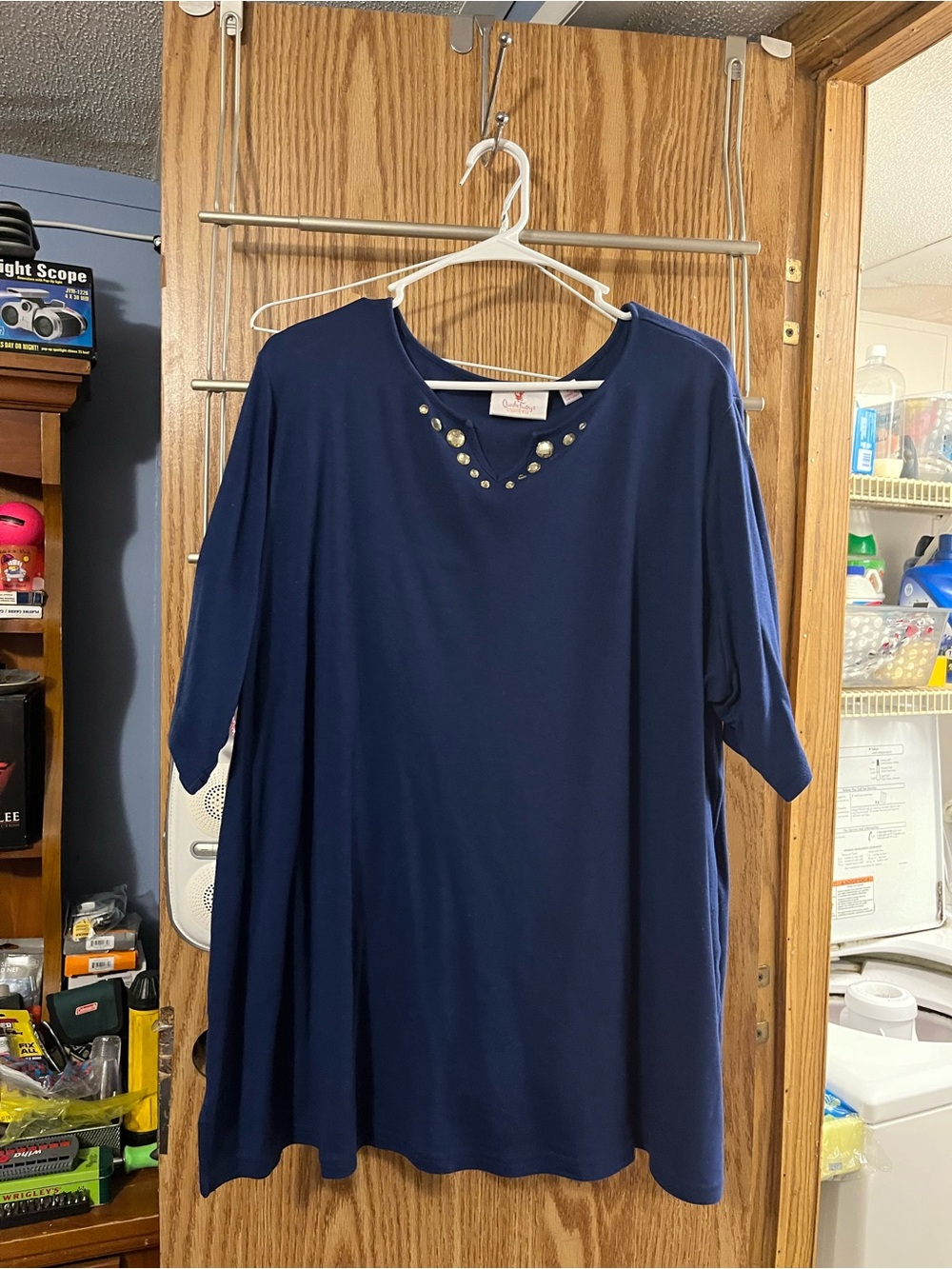 Quacker Factory Navy Short Sleeve V-Neck Tunic with Stud Details